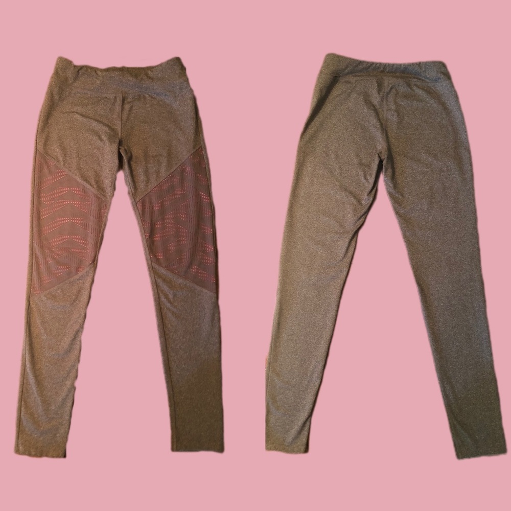 Gray and pink yoga leggings + soft.